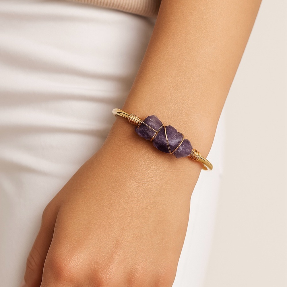 Amethyst All Natural Semi-Precious Gemstones Cuff Bracelet 18kt Gold Overlay